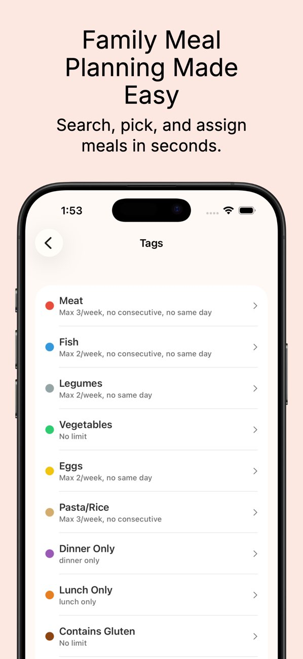 Family Meal Planning Made Easy screen showing tag rules and limits